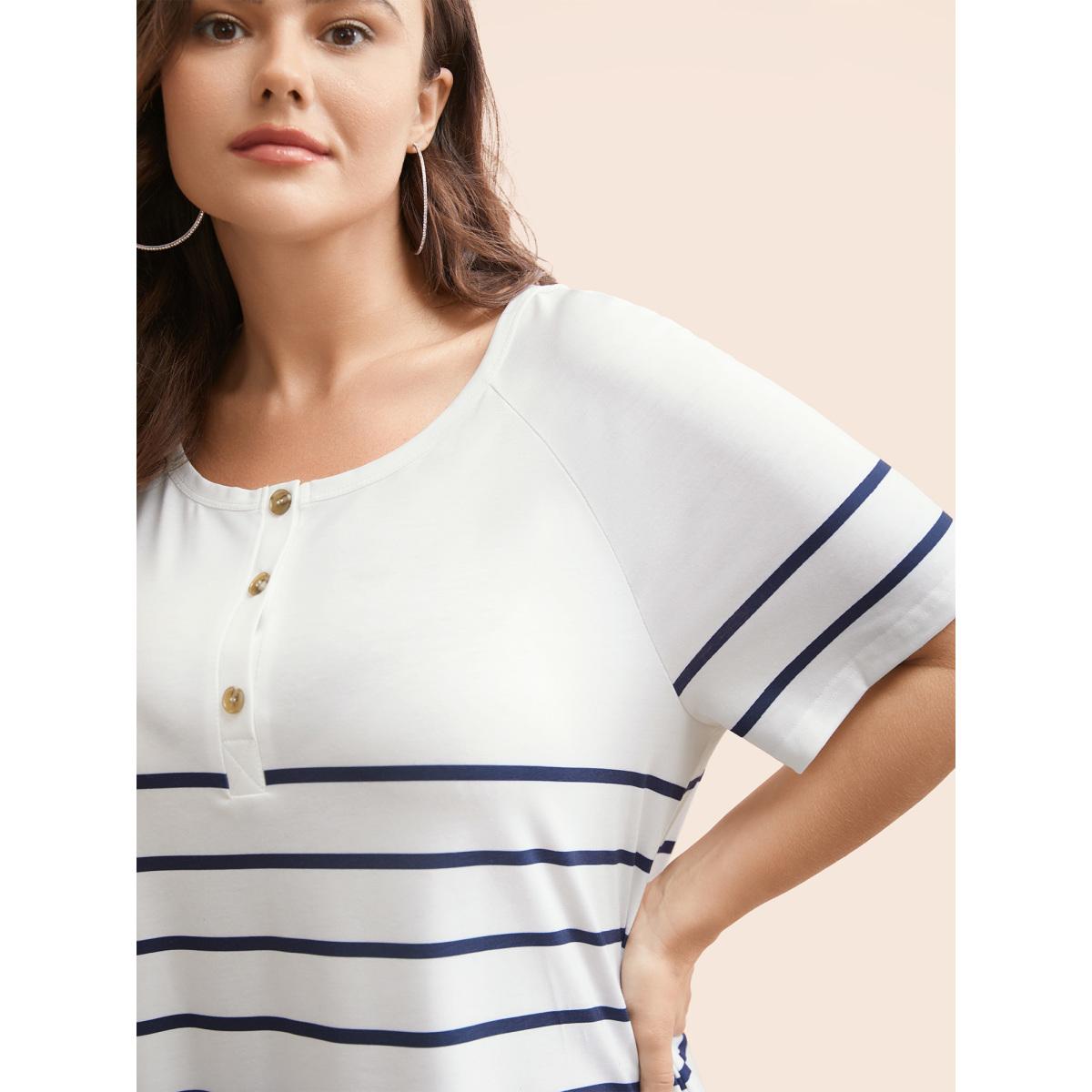 Plus Size Striped Print Raglan Sleeve Button Up T-shirt White Women Casual Contrast Striped Round Neck Everyday T-shirts BloomChic 30/6X Product Image
