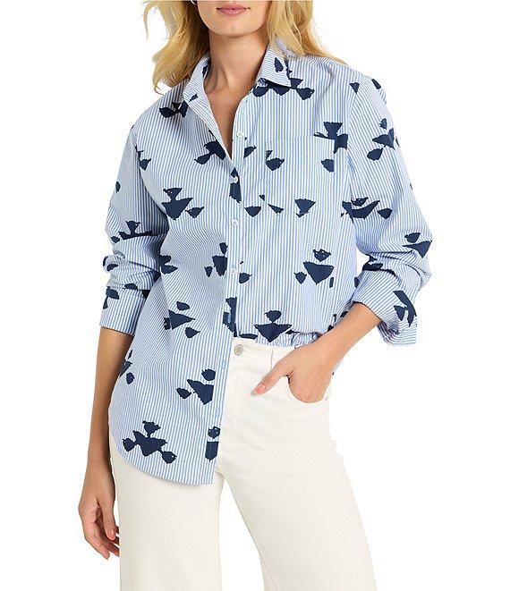 NIC + ZOE Woven Stamped Stripe Point Collar Long Sleeve Shirt Product Image