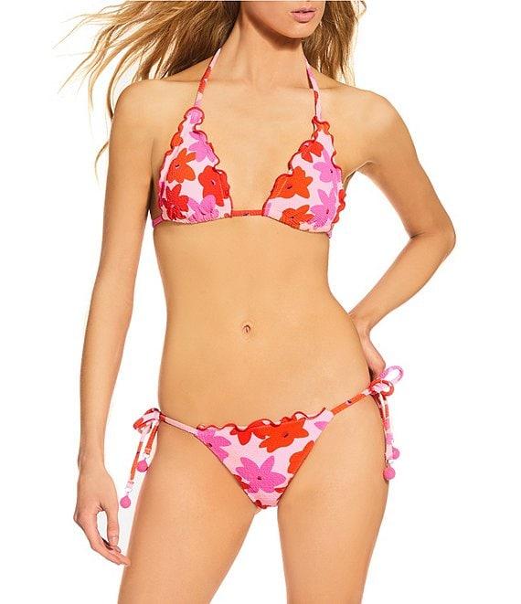 GB Modern Floral Scrunchie Textured Lettuce Edge Tie Side Hipster Swim Bottom Product Image