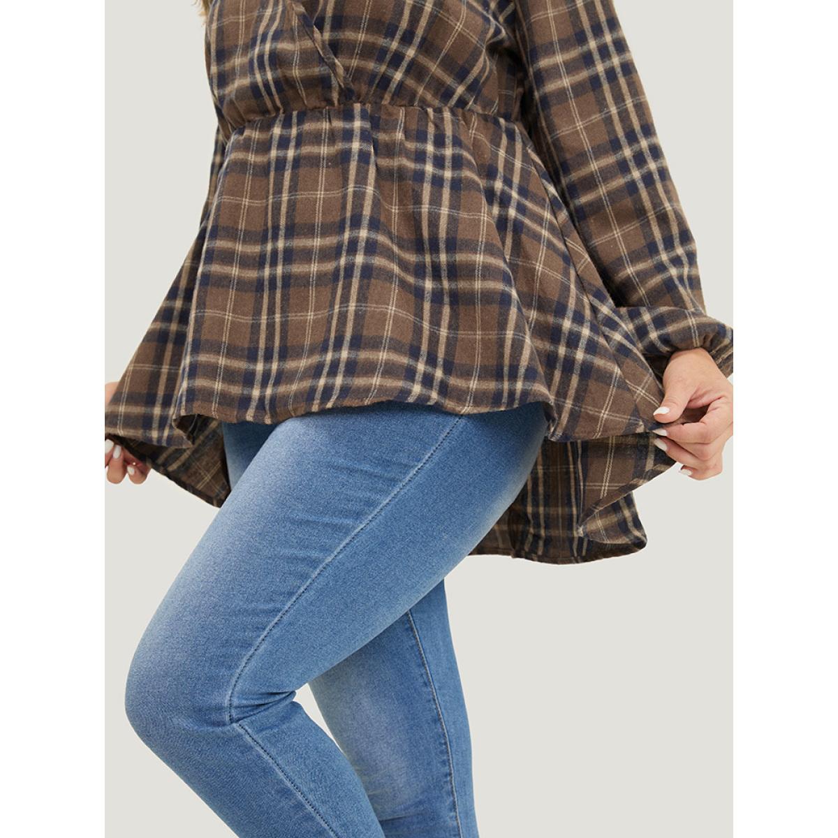 Plus Size DarkBrown Plaid Ruffles Trim Lantern Sleeve Asymmetrical Hem Wrap Blouse Women Elegant Long Sleeve V-neck Dailywear Blouses BloomChic 10/M Product Image