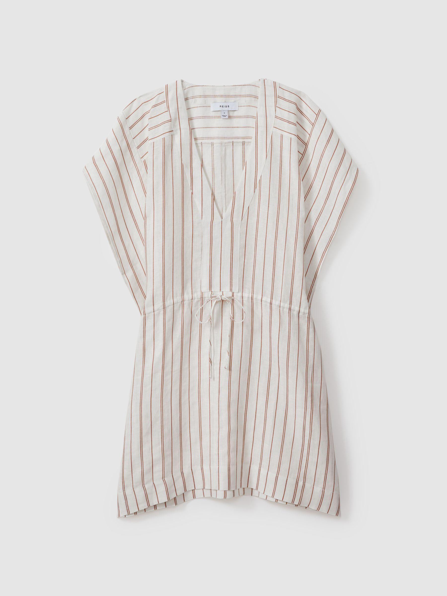 Linen-Cotton Striped Kaftan in Cream/Brown Product Image