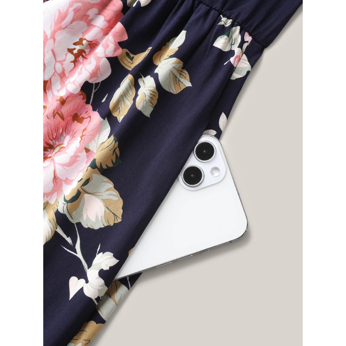 Plus Size Ruffled Neck Off-Shoulder Floral Midi Dress Navy Women Romantic Ruffles V-neck Short sleeve Curvy BloomChic 12/L Product Image