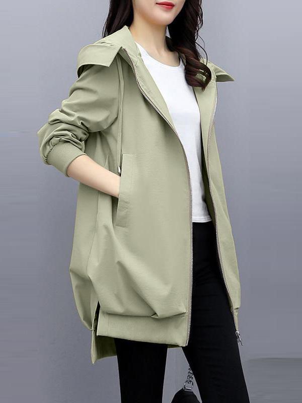 Casual Loose 4 Colors Pleated Zipper Hooded Long Sleeves Outwear Product Image