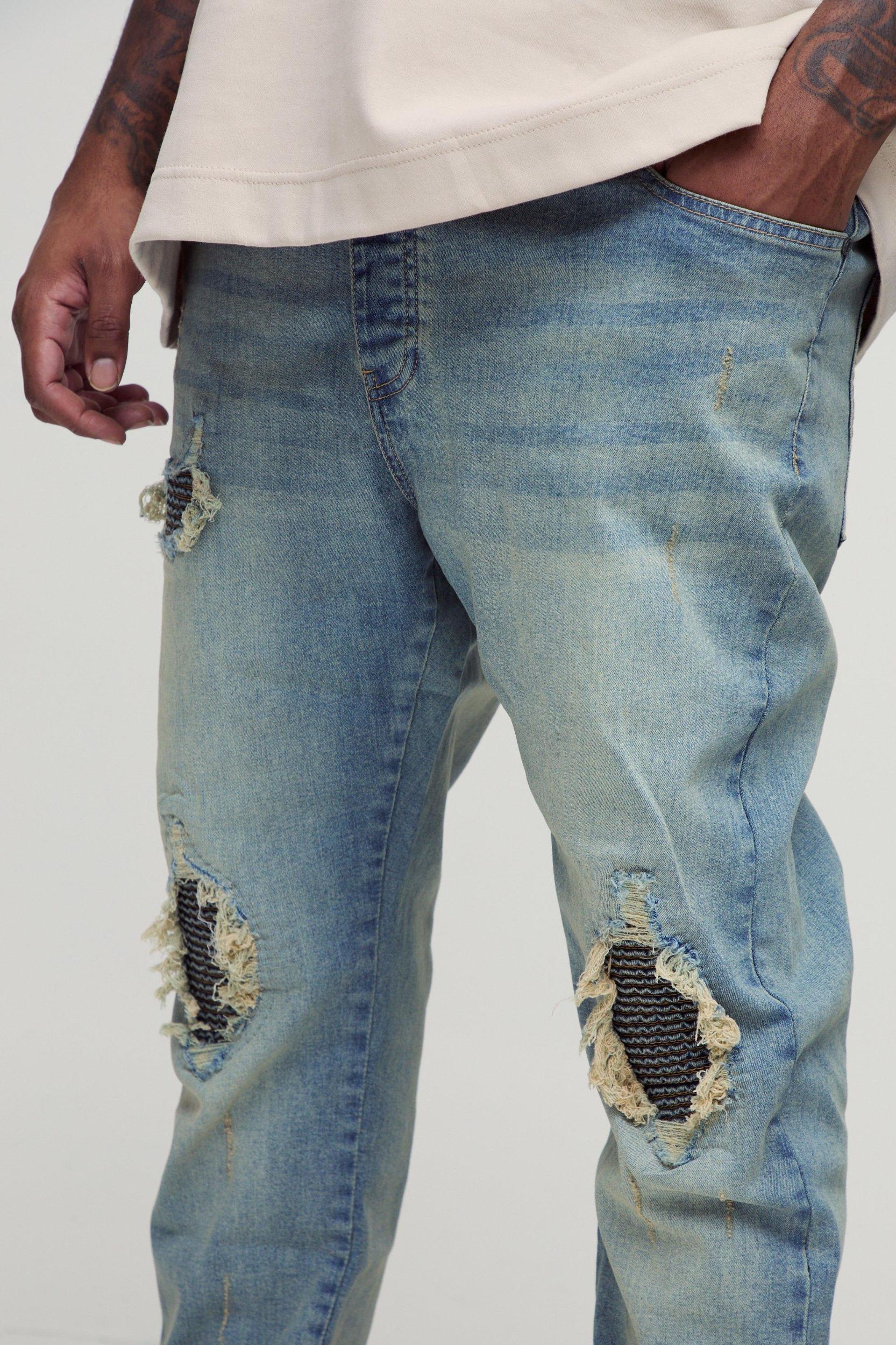 Plus Biker Rip & Repair Stonewash Zip Hem Skinny Jeans | boohooMAN USA Product Image