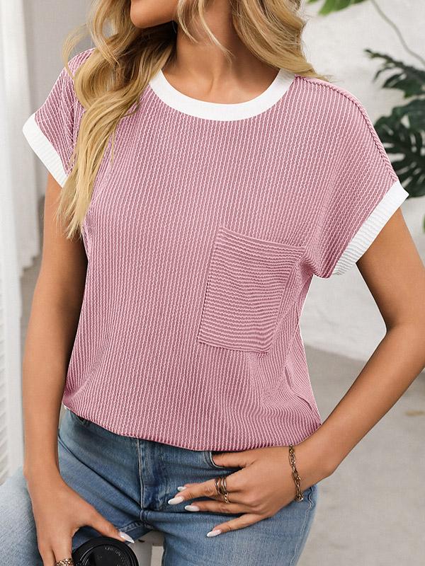 Loose Short Sleeves Colorful Contrast Color Pockets Round-neck T-Shirts Tops Product Image