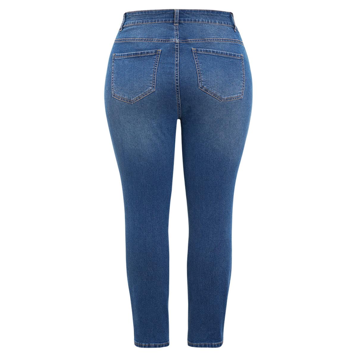 Plus Size Very Stretchy High Rise Medium Wash Patched Patchwork Jeans Women Indigo Casual Plain Patchwork High stretch Pocket Jeans BloomChic 10/M Product Image