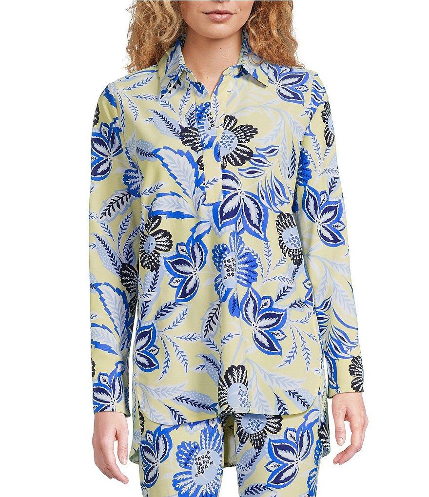 Jude Connally Coordinating Hadley Blooming Botanics Print Jude Cloth Knit Point Collar Long Split Roll Cuff Sleeve Tunic Product Image