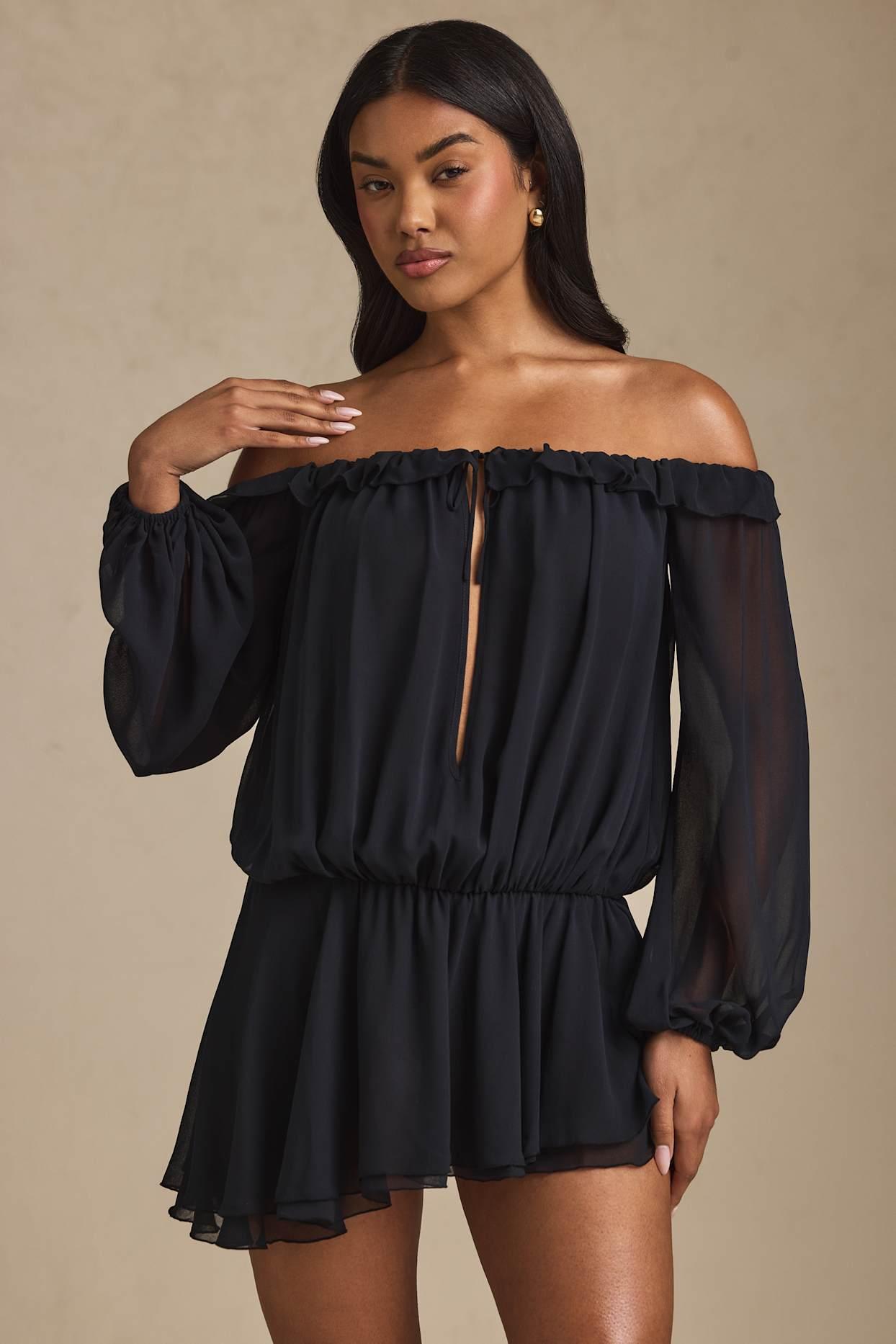 Off-Shoulder Asymmetric Balloon-Sleeve Mini Dress in Black Product Image