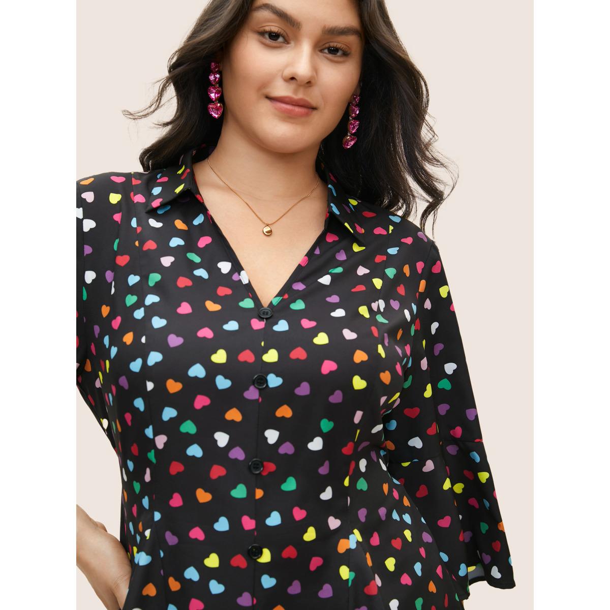 Plus Size Black Colour Heart Print Bell Sleeve Blouse Women Elegant Elbow-length sleeve Shirt collar Everyday Blouses BloomChic 18-20/2X Product Image