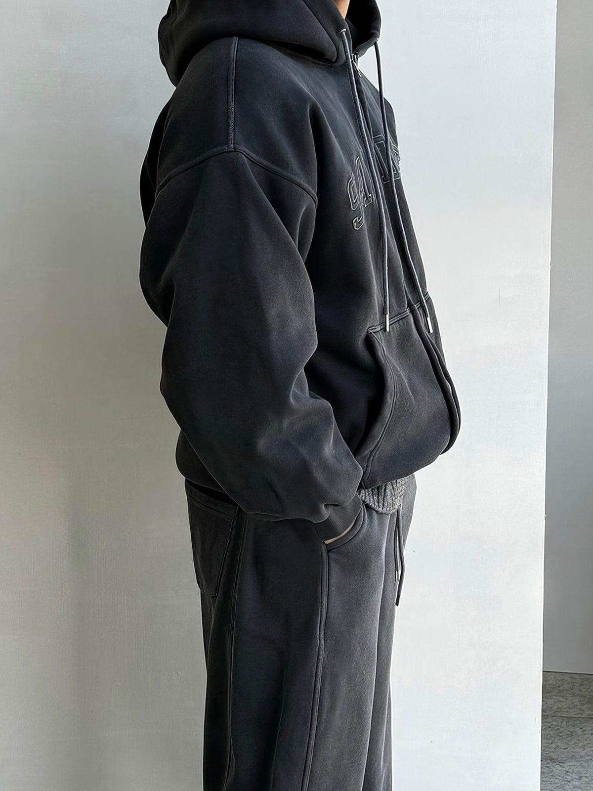 RT No. 12435 DARK GRAY ZIP LETTERED HOODIE & BAGGY SWEATPANTS Product Image