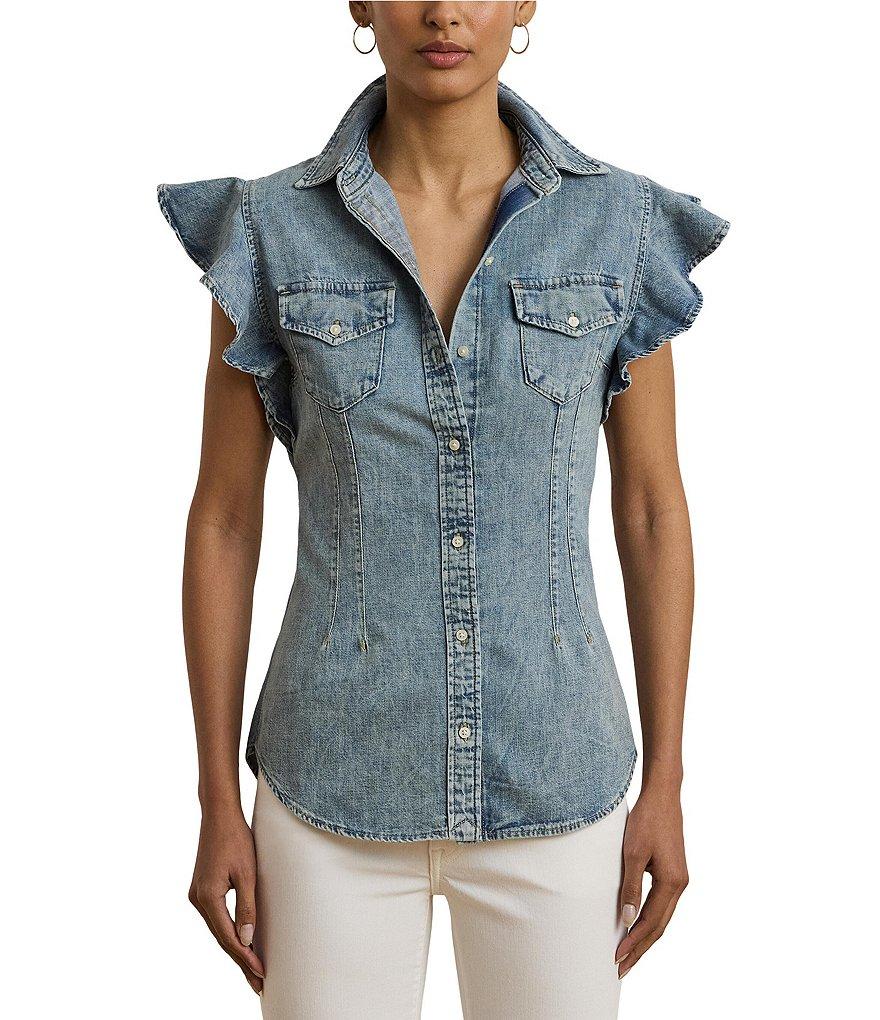 Lauren Ralph Lauren Denim Spread Collar Flutter Sleeve Button Front Shirt Product Image