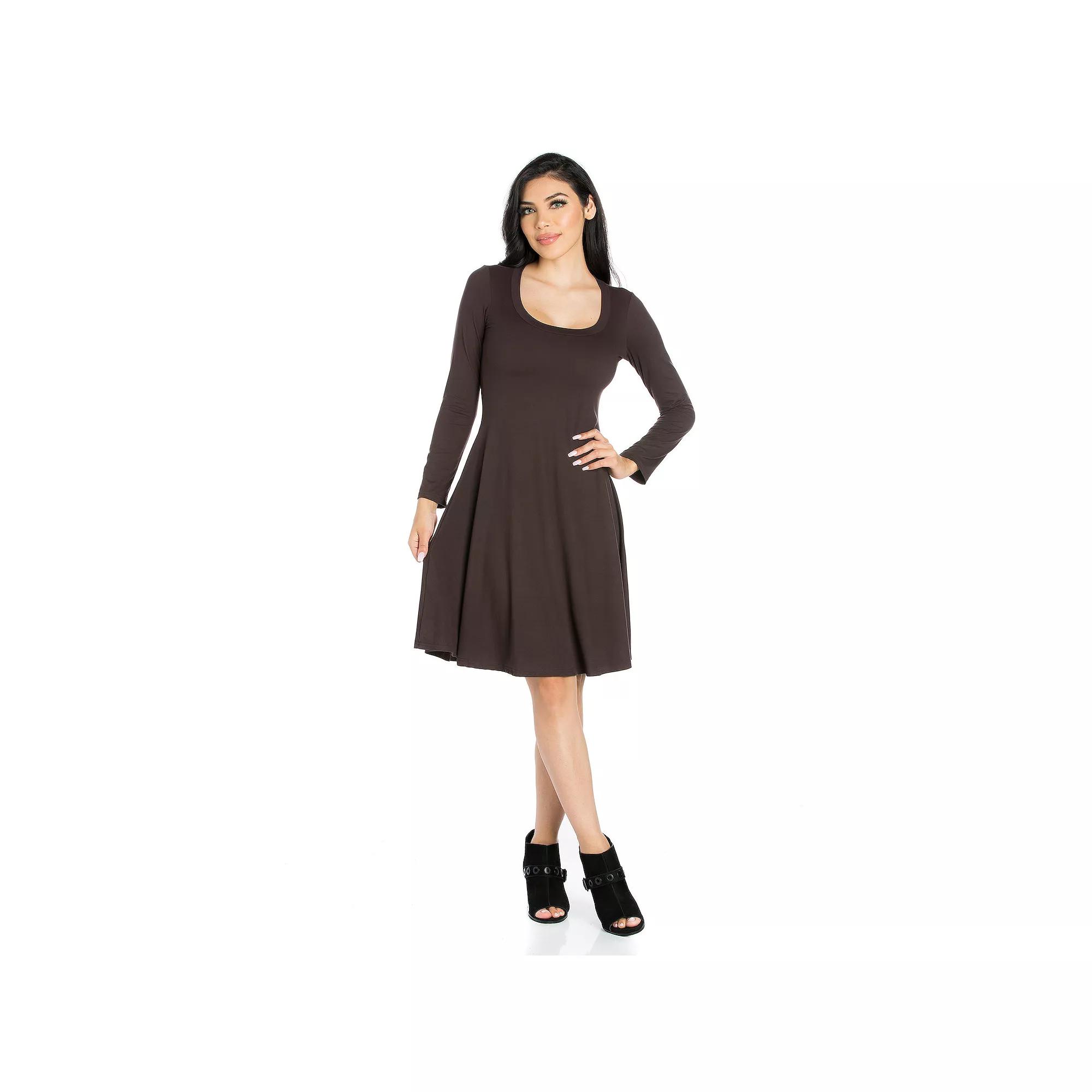 Women's 24seven Comfort Apparel Classic Scoopneck Long Sleeve Flared Mini Dress,  Product Image