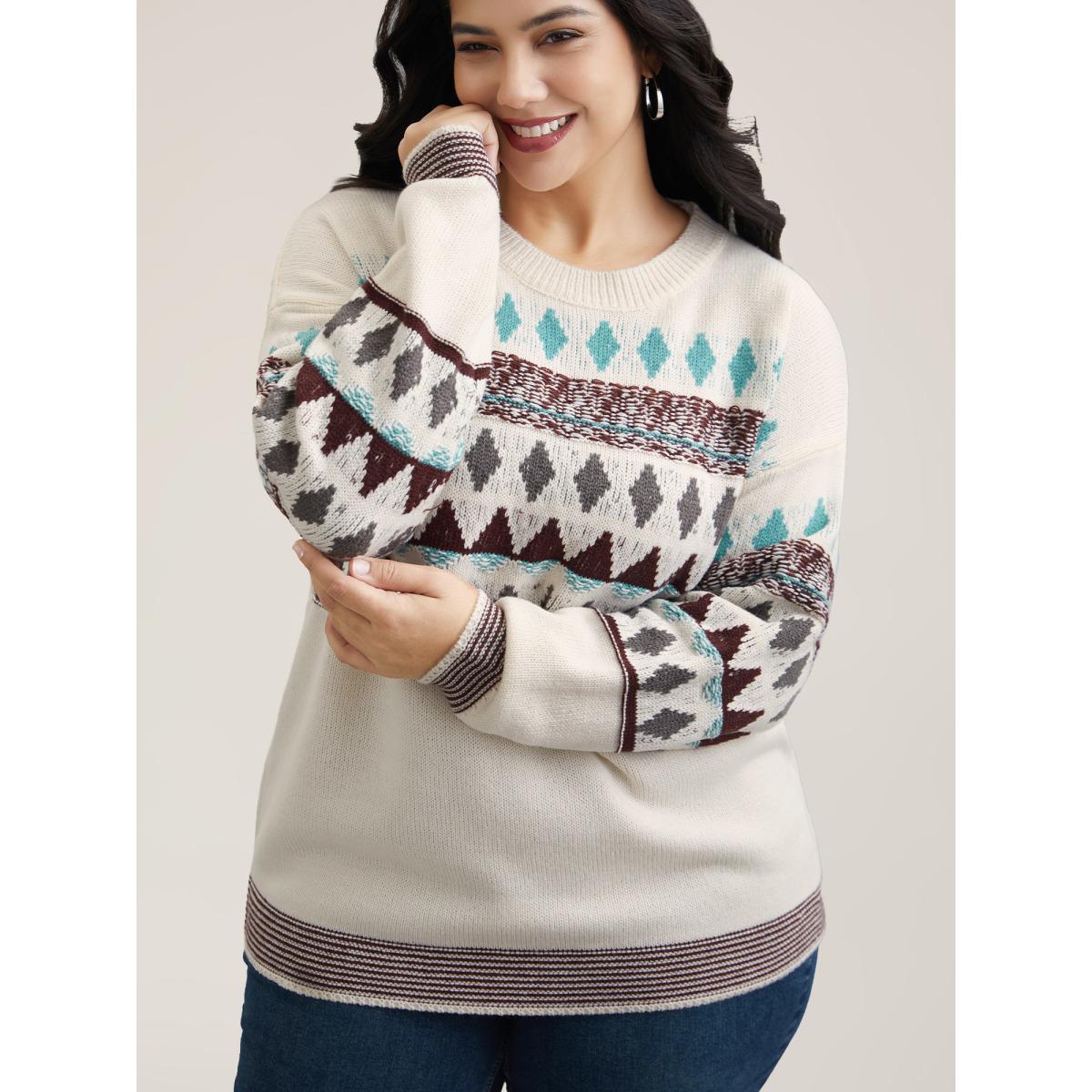 Plus Size Color-Collision Textured Knit Pullover Ivory Women Casual Loose Long Sleeve Everyday Cardigans BloomChic 18-20/2X Product Image