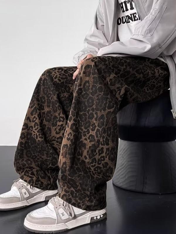 Men'S American Retro Niche Leopard Print Loose Jeans Product Image