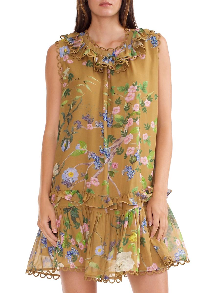 Womens Floral Silk Ruffled Shift Minidress Product Image