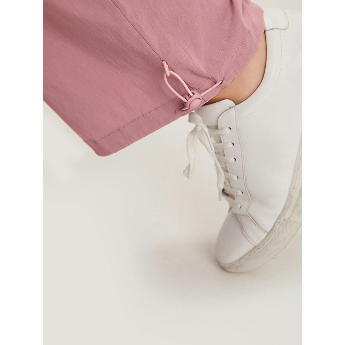 Plus Size Plain Paperbag Waist Drawstring Hem Slant Pocket Pants Women Rouge Casual High Rise Dailywear Pants BloomChic 30/6X Product Image