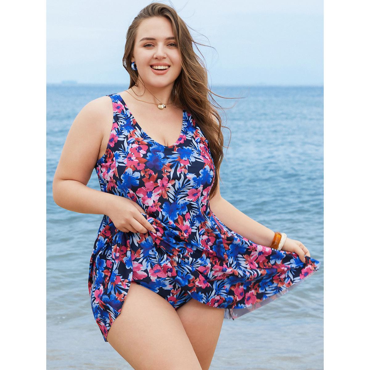 Plus Size Floral Print Ruffles Sculpt Waist A Line Swim Dress Women's Swimwear BlackFlower Vacation Bodycon V-neck High stretch Curve Swim Dresses BloomChic 30/6X Product Image