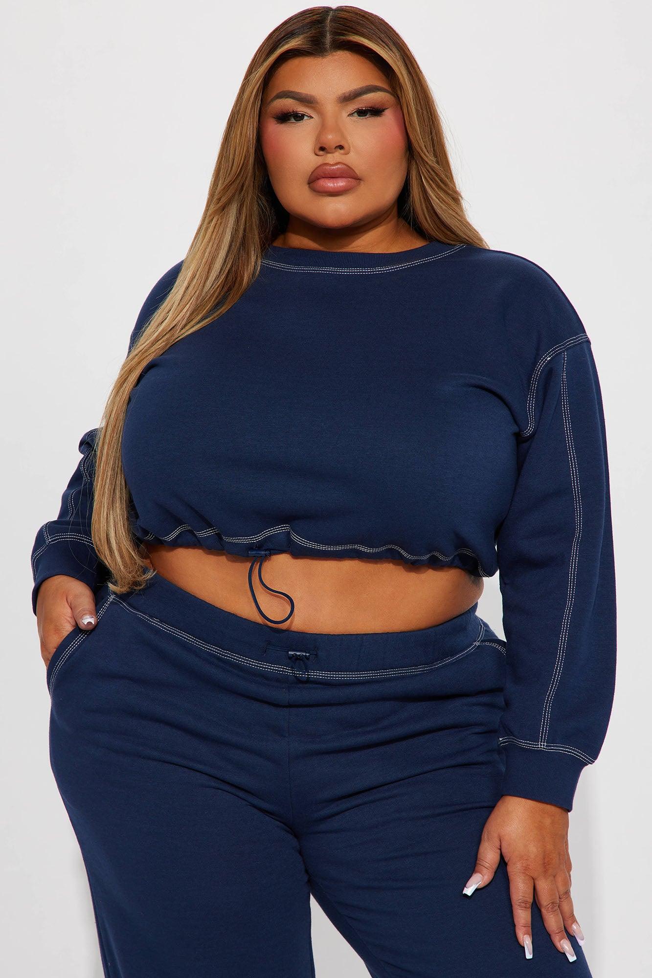 Aria Contrast Stitch Fleece Lounge Crew Neck - Navy Product Image