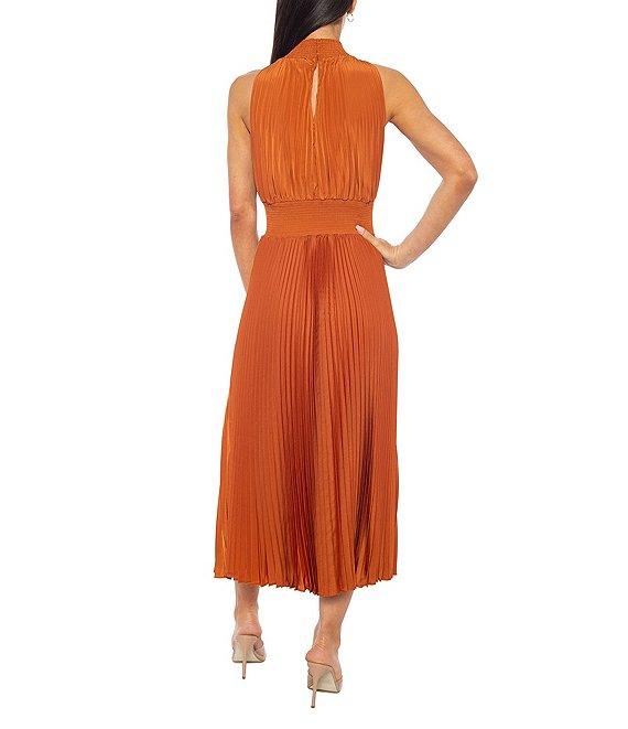 Marina Sleeveless Halter Mock Neck Smocked Pleated Crepe Chiffon A-Line Midi Dress Product Image