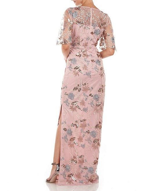 JS Collections Sequin Embroidered Mesh Short Flutter Sleeve Illusion Boat Neck Gown Product Image
