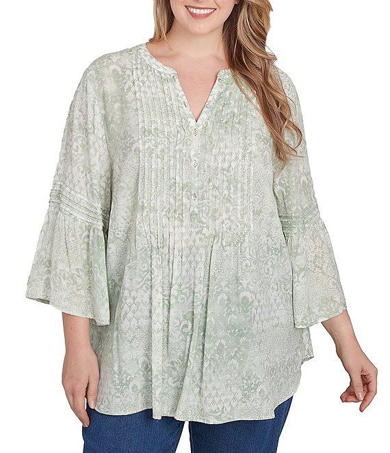 Ruby Rd. Plus Size Soft Silky Slub Patchwork Band V-Neck 3/4 Bell Sleeve Pleated Flowy Blouse Product Image