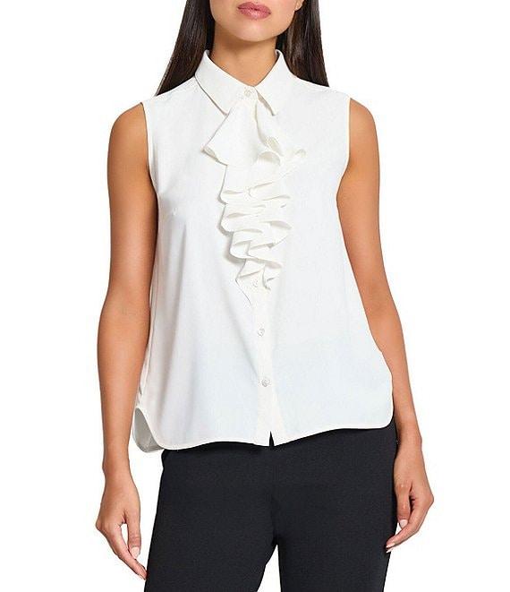 Ming Wang x Tanya Foster Crepe De Chine Point Collar Waterfall Neck Sleeveless Blouse Product Image