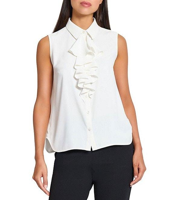 Ming Wang x Tanya Foster Crepe De Chine Point Collar Waterfall Neck Sleeveless Blouse Product Image