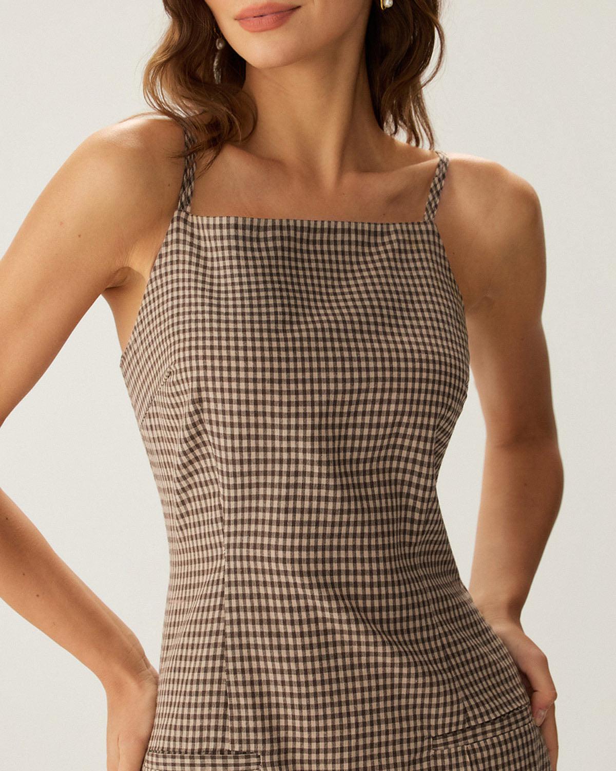 Brown Plaid Slip Mini Dress Product Image