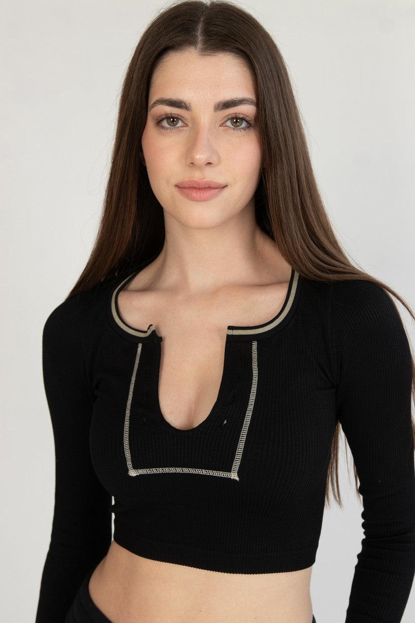 Sporty Notch Neck Long Sleeve Shirt Product Image