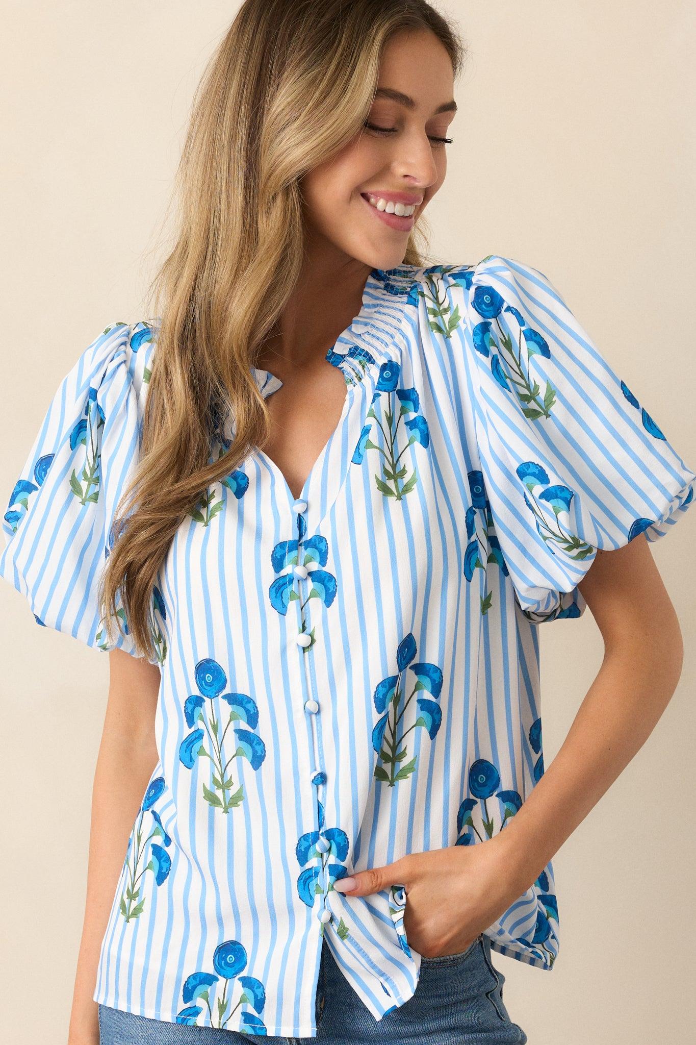 Poppy Fields Blue Button Front Puff Sleeve Top Product Image