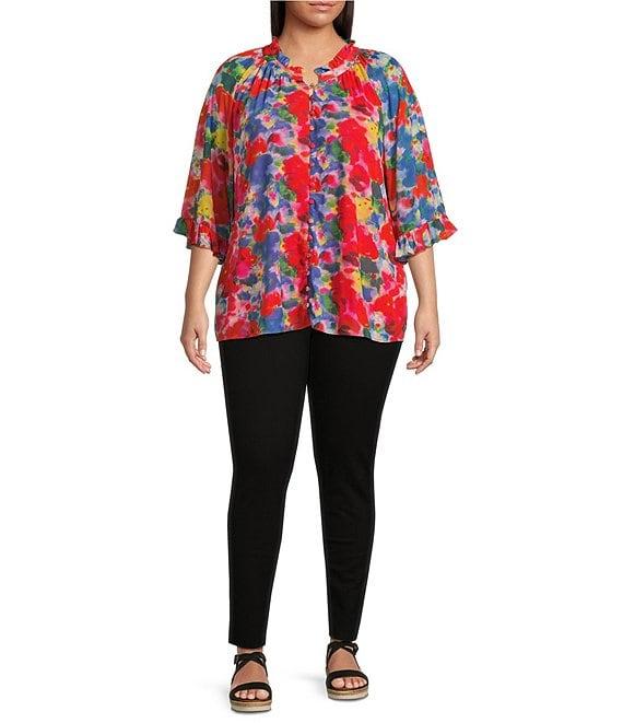 Calessa Plus Size Mesh Abstract Print Split V-Neck Long Sleeve Button Front Tunic Product Image