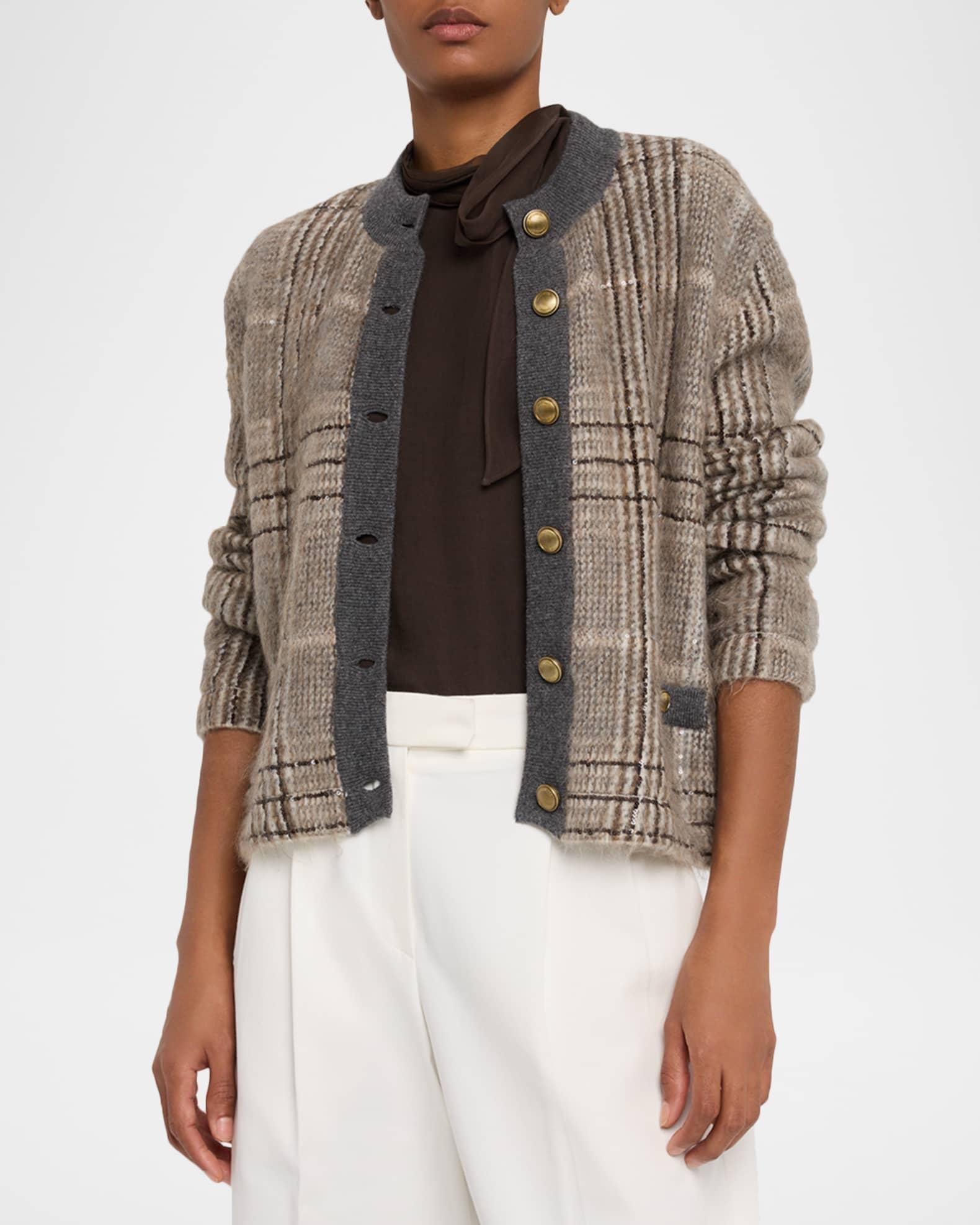 Cashmere-Mohair Paillette Check Jacquard Cardigan Product Image