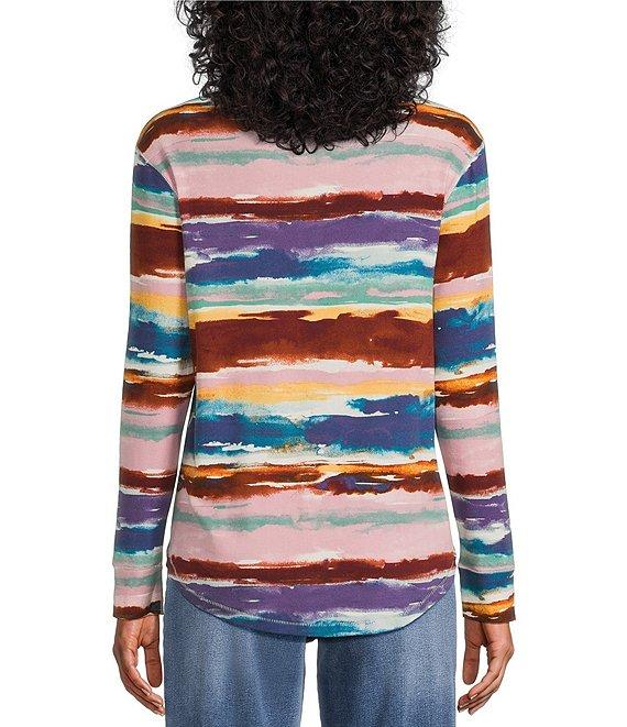 Westbound Petite Size Zephyr Mocha Vintage Stripe Long Sleeve Crew Neck Knit Tee Product Image