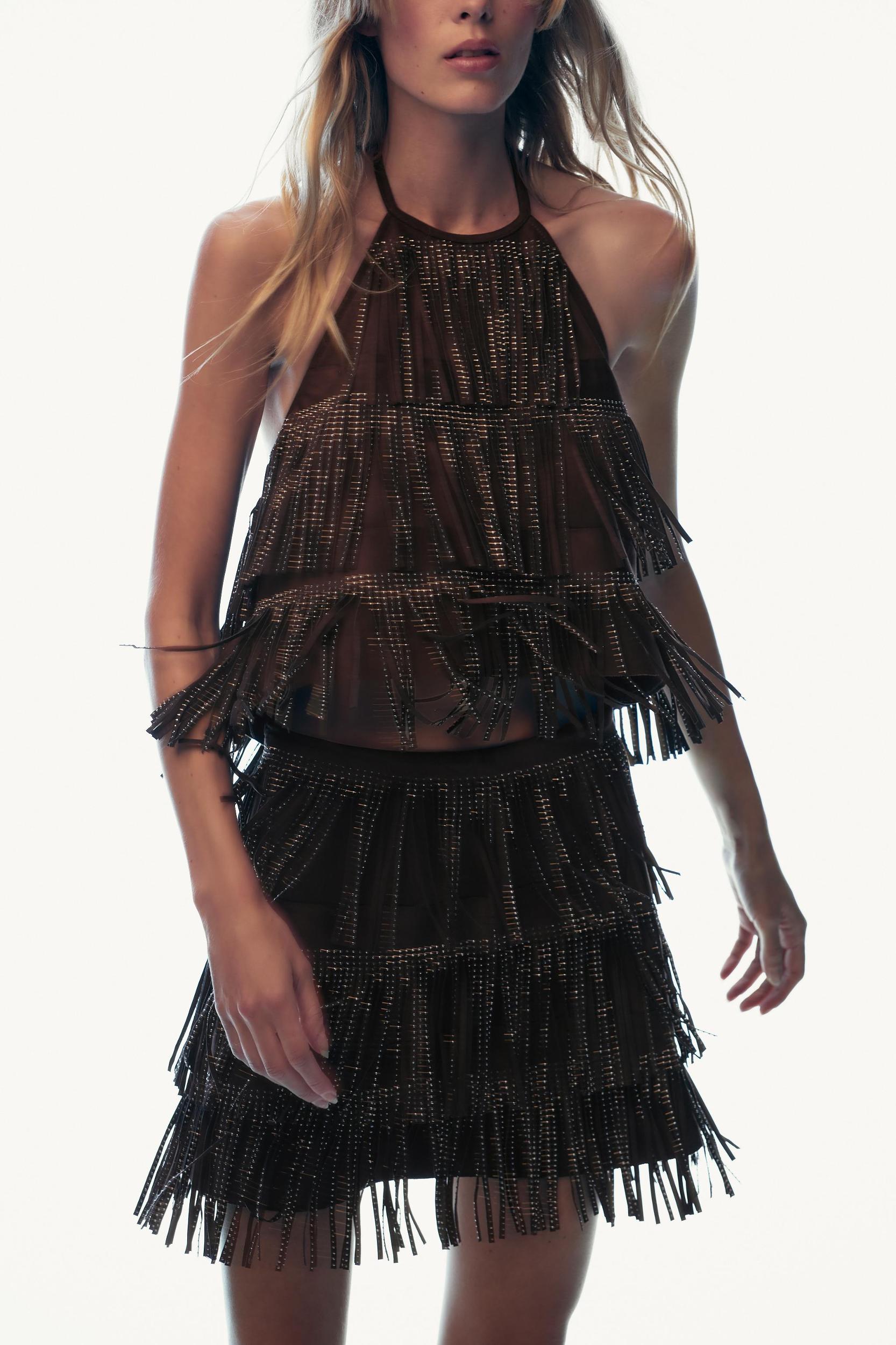 SHIMMER FAUX SUEDE FRINGE TOP Product Image