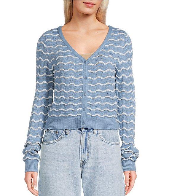 Originality Wavy Stripe V-Neck Button Front Long Sleeve Cropped Cardigan Product Image