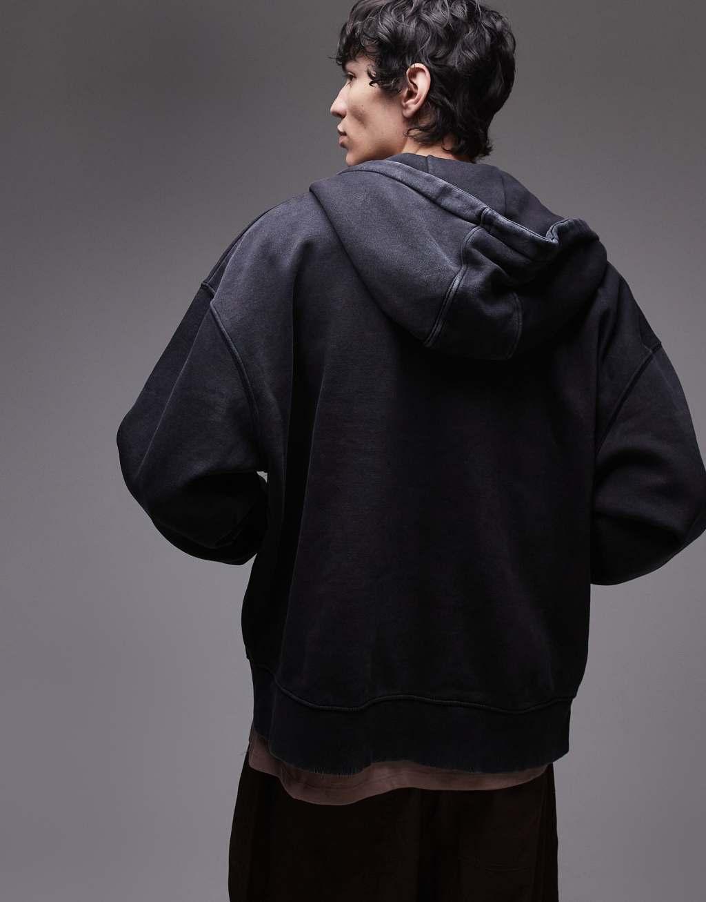 Topman premium heavyweight oversized fit acid wash zip up hoodie in washed black Product Image