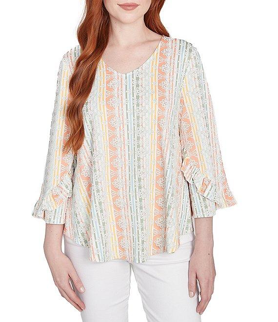 Ruby Rd. Stripe Floral Puff Print V-Neck 3/4 Bell Sleeve Top Product Image