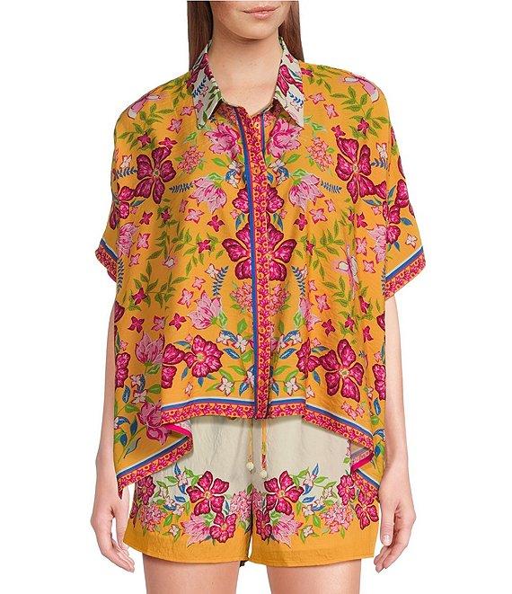 Skies Are Blue Floral Border Print Elastic Waist Coordinating Shorts Product Image