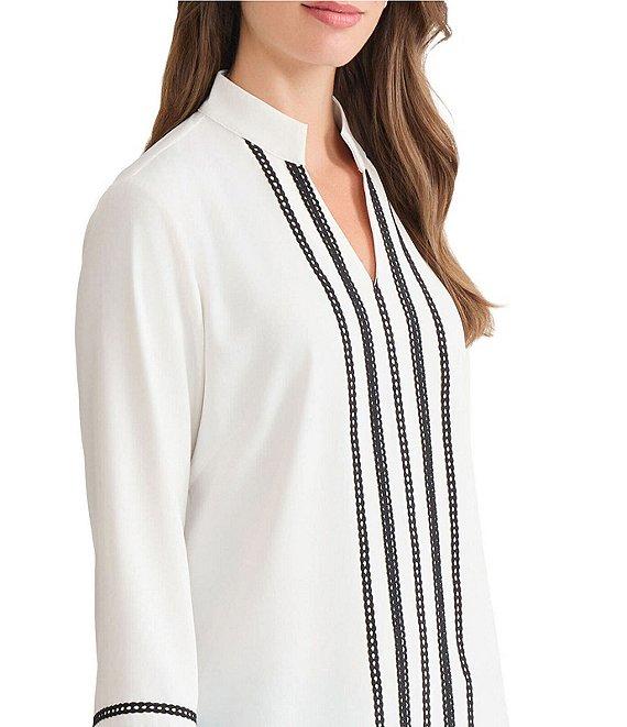 Ming Wang Ribbon Trim Crepe De Chine Mandarin V-Neck Bracelet Sleeve Blouse Product Image