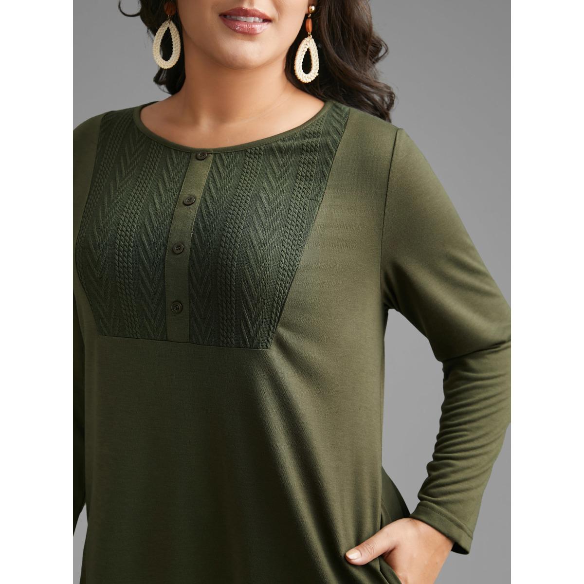 Plus Size Textured Patchwork Button Detail Midi Dress Sage Women Casual Texture Round Neck Long Sleeve Curvy BloomChic 12/L Product Image