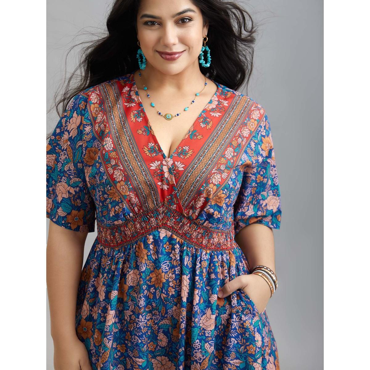 Plus Size Boho Print Ruffled Shirred V-Neck Maxi Dress Mediumblue Women Resort Shirred Overlap Collar Half Sleeve Curvy BloomChic 18-20/2X Product Image