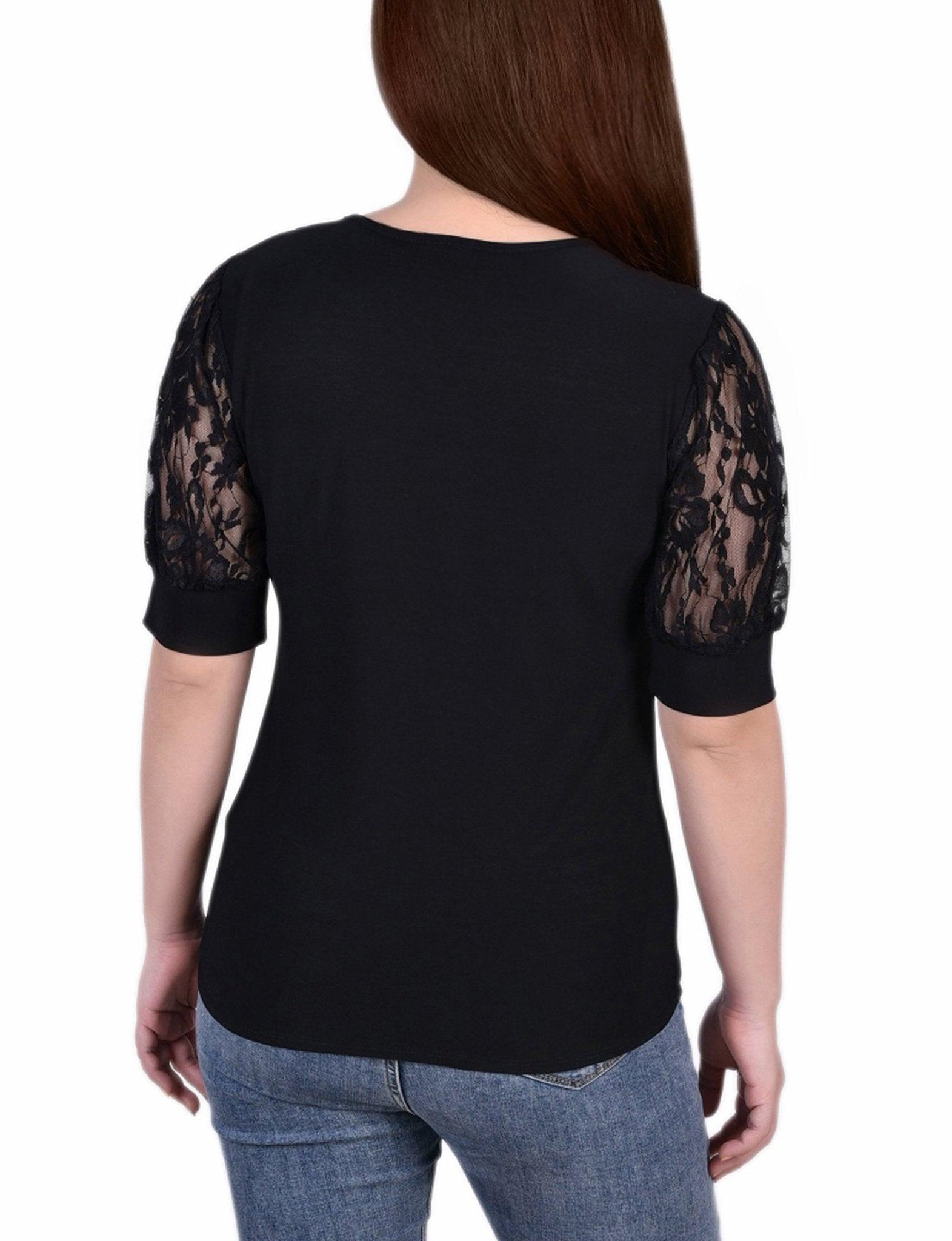 Black Short Puff Sleeve Top With Lace Sleeves And Yoke Product Image