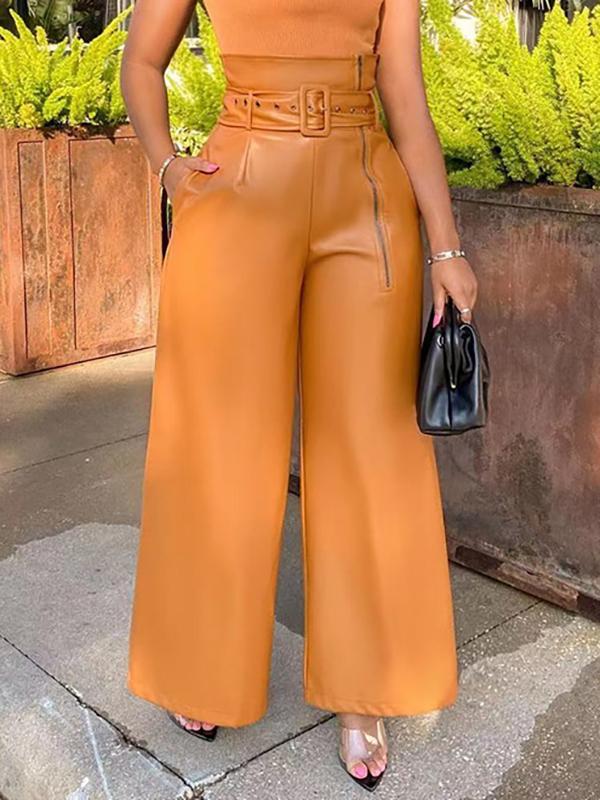 High Waisted Wide Leg Belted Solid Color Zipper Pants Trousers Product Image