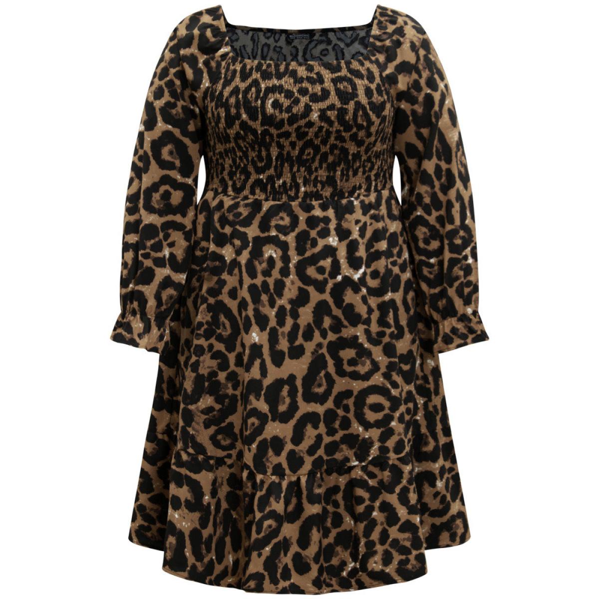 Plus Size Square Neck Leopard Shirred Ruffles Dress Leopard Women Elegant Gathered Square Neck Long Sleeve Curvy Knee Dress BloomChic 26/4X Product Image