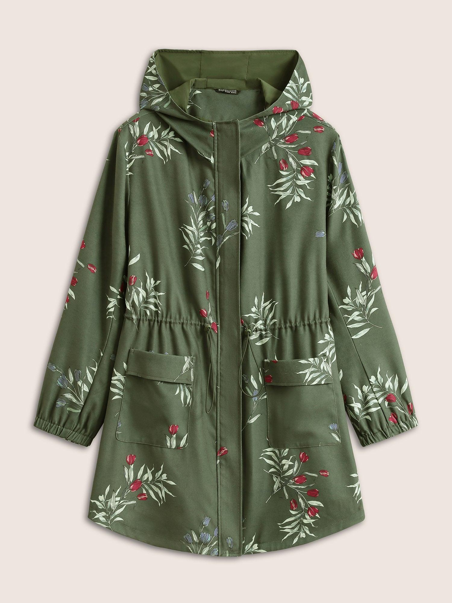 Plants Drawstring Pocket Zipper Hooded Coat Female Product Image