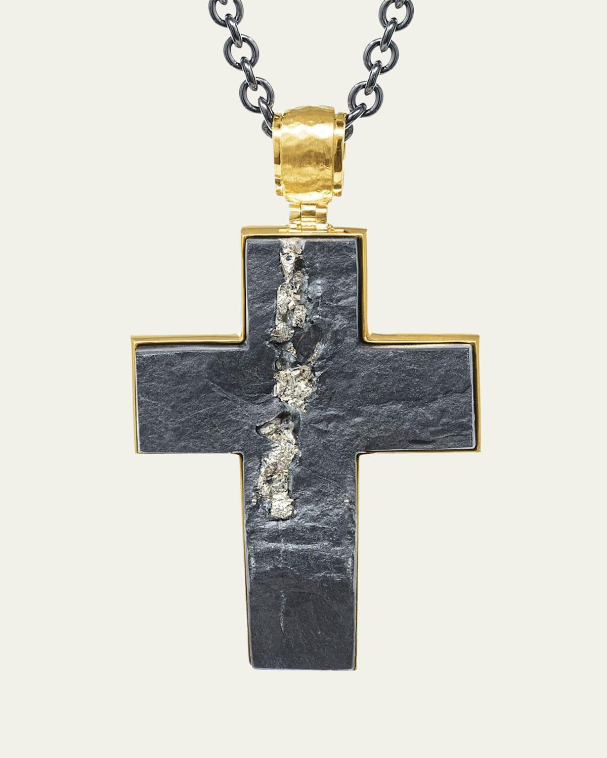 Mens Pyritized Slate 18k Gold Cross Pendant Product Image