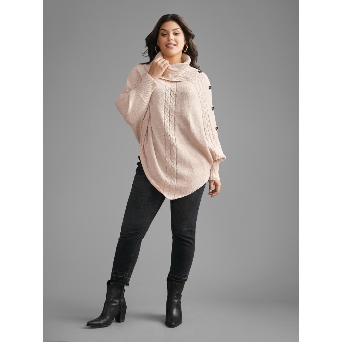 Plus Size Turtleneck Cable Knit Asymmetrical Hem Pullover Nudepink Women Casual Loose Long Sleeve Ruffled collar Everyday Pullovers BloomChic 14-16/1X Product Image