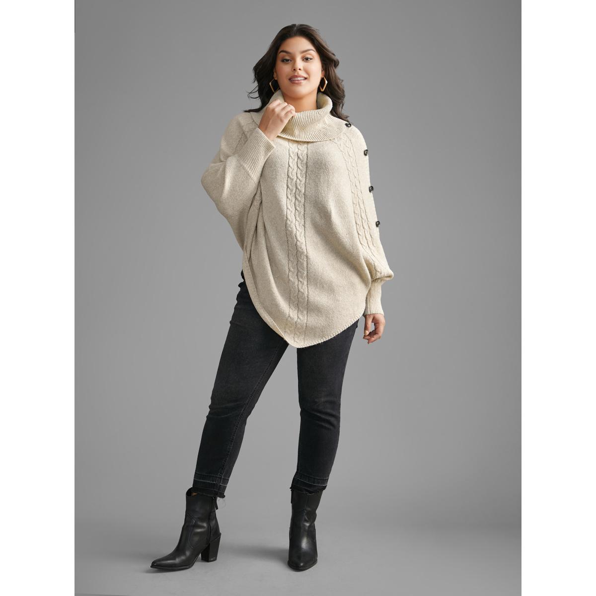 Plus Size Turtleneck Cable Knit Asymmetrical Hem Pullover Champagne Women Leisure Loose Long Sleeve Ruffled collar Casual Pullovers BloomChic 26/4X Product Image