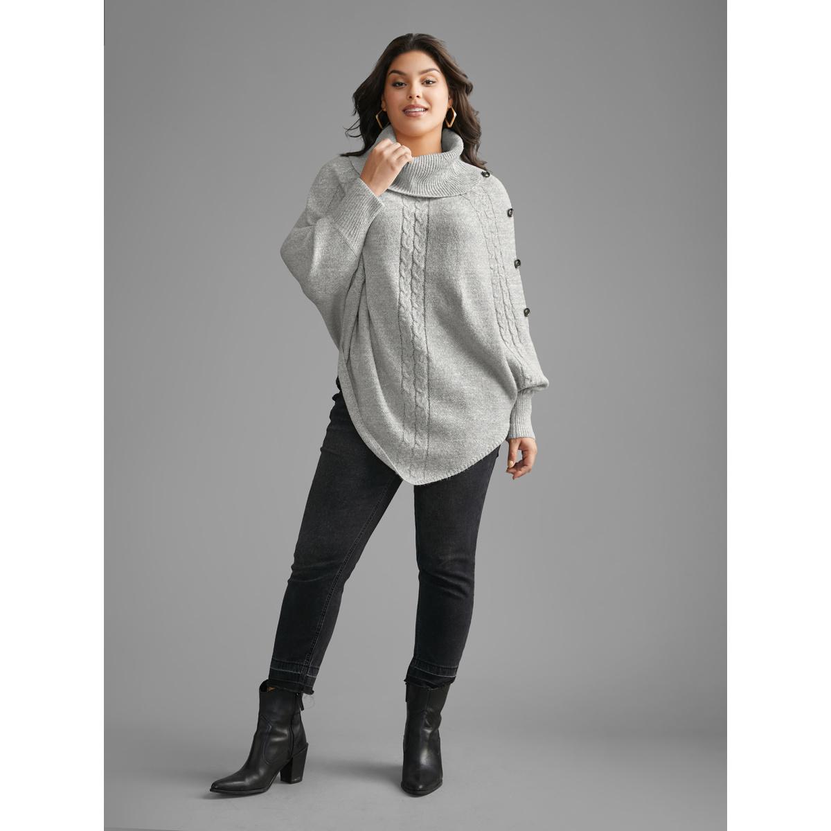 Plus Size Turtleneck Cable Knit Asymmetrical Hem Pullover LightGray Women Casual Loose Long Sleeve Ruffled collar Everyday Pullovers BloomChic 12/L Product Image
