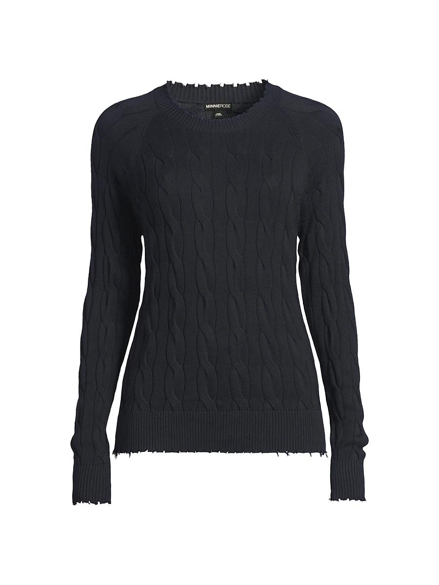 Womens Frayed Cable-Knit Crewneck Sweater Product Image